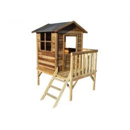 Wooden playhouse Tessa with a balcony and ladder, natural finish.