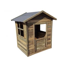 Small wooden playhouse featuring a window and sloped roof with a natural wood finish.