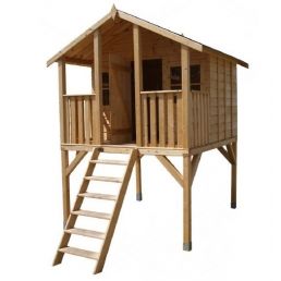 Wooden playhouse on tall legs with a gabled roof, open porch, and ladder. The porch has a railing, and the house features several small windows.