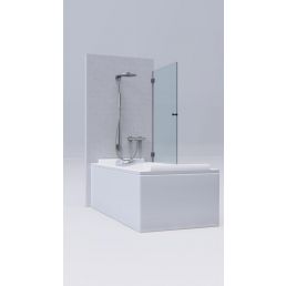 White shower wall for a bathtub with a transparent glass door and a chrome-finished shower set.