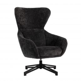 Tummanharmaa nojatuoli, jossa on korkea selkänoja, kaarevat käsinojat ja musta pyörivä metallijalusta.