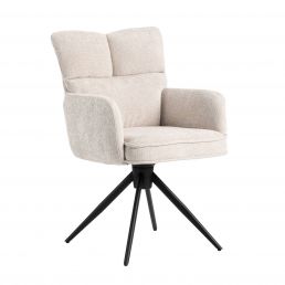Beige upholstered swivel chair with a black metal frame and four legs.