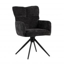 Dark grey swivel chair with soft fabric upholstery, high backrest, armrests, and four black metal legs.