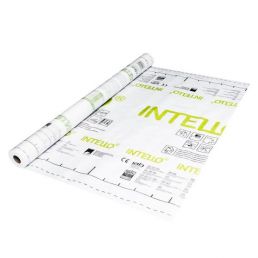 Rullitud auru- ja õhutõkke materjal INTELLO, mõõdud 50x1,5 m, 75 m², peamiselt valge rohelise ja kollase tekstiga.