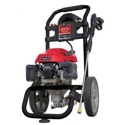 Bensiinimootoriga survepesur Scheppach HCP2600, punane, metallraamil, ratastel, kõrgsurvevoolik ja pihustuspüstol.