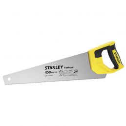 Metallist käsisaag kollase ja musta käepidemega ning 450 mm pikkuse peente hammastega terasest teraga, millel on Stanley logo.