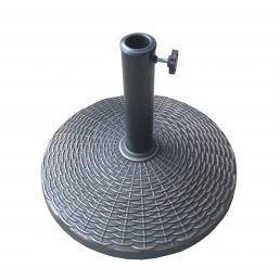 Round black parasol base with a textured surface, vertical tube, and tightening screw, made of plastic.