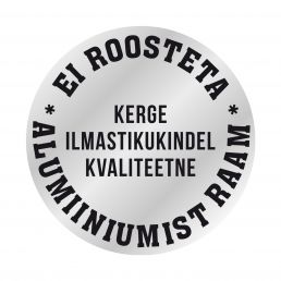 Round white aluminum sunshade with text, 'DOES NOT RUST, LIGHT, WEATHERPROOF, quality'.