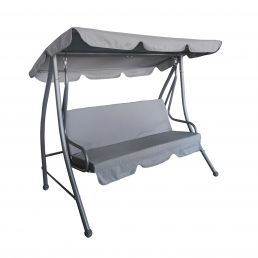 Gray three-seater garden swing with a roof, metal frame, and weather-resistant canopy.
