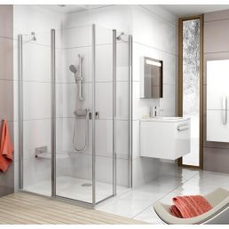 Kulmadušiovet CRV2, leveys 900 mm, korkeus 1950 mm, kiiltävä kehys ja kirkas lasi.