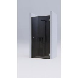 Corner-installed shower door with gray glass, featuring a chrome handle and hinges.