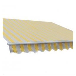 Gul och vit randig markis som kan användas som solskydd, visas i upprullat skick.