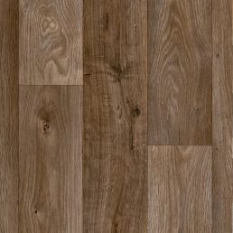 Ruskea PVC-lattia, joka jäljittelee tammen puukuvioita. Pituus: 3,5 metriä, luokka 22.