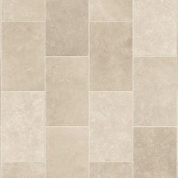 Vaaleanbeige PVC-tekstiililattia, jossa erikokoisia suorakulmaisia kuvioita.