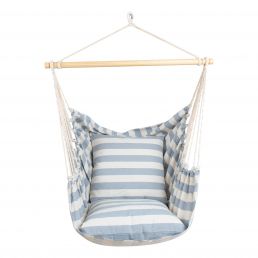 COPENHAGUE hanging chair with a gray stripe pattern, white wooden top, and sturdy ropes, featuring a soft and comfortable design.