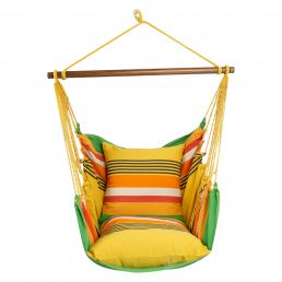 Green and orange striped hanging chair with colorful cushions and a wooden top ring.