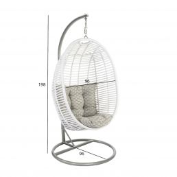 White CORA hanging chair, dimensions 1 m x 0.95 m x 0.95 m, metal frame and basket. Includes soft cushions.