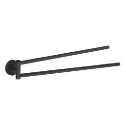 Double-arm black metal towel rod with a round mounting base and straight bars.