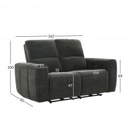 Dark gray fabric two-seater sofa with padded armrests, an adjustable backrest, black legs, and measurements shown in the image.