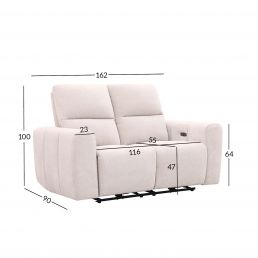 Light two-seater sofa with an electric recliner, straight armrests, thick padding, a high backrest, and visible measurements.