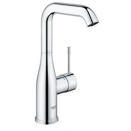 Chrome 'Essence L' faucet with a push-open mechanism. It features a long, curved design and a single lever handle for ease of use.