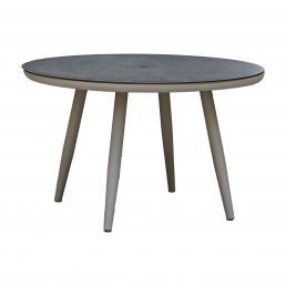 Runt ljusgråbeige bord med en diameter på 120 cm och en höjd på 75 cm, med fyra ben.