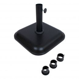 Black concrete umbrella base with dimensions 36x36x6 cm, weight 12 kg, includes several attachment adapters.