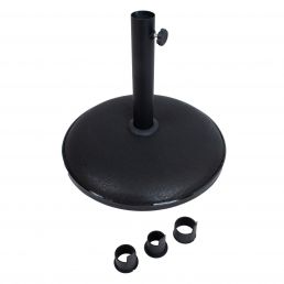 Black concrete parasol base, 41.5 cm in diameter and weighing 15 kg, includes three different sizes of reduction rings.