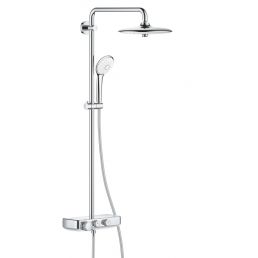 Chrome-finished shower system that includes a thermostat, overhead shower, and hand shower.