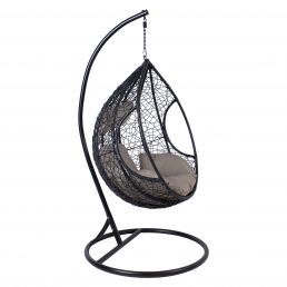 Black Droplet hanging chair with a stylish black metal frame and a soft gray cushion. Suitable for both indoor and outdoor use.