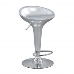 Hopeanvärinen AMIGO-baarijakkara, jossa on moderni kiiltävä viimeistely ja pyöreä tukijalka.