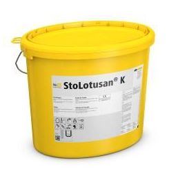 Yellow round plastic bucket with a metal handle and a white-gray label marked 'StoLotusan K', capacity 25 kg.