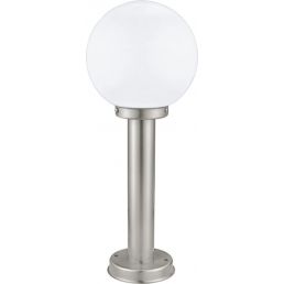 Silver post light with a round white lampshade, height 500 mm.
