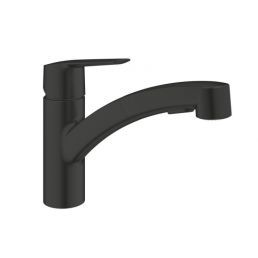 Musta mattviimistlusega köögisegisti väljatõmmatava dušiotsikuga. Kaasaegne disain ja hoovastiil.