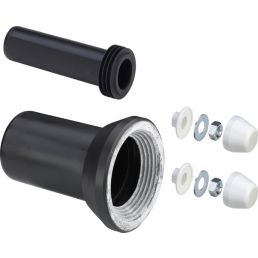 Mustad plastikühendusotsikud ja valged tihendid: komplektis kaasas kinnitusmutrid ja -poldid.