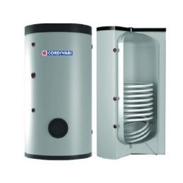 Silverfärgad vertikal varmvattenberedare med integrerad värmeväxlare. Kapacitet och dimensioner är inte angivna.