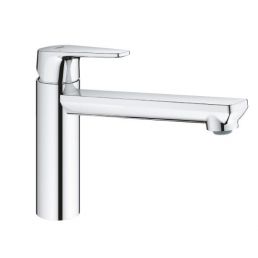 Köksblandare i krom med rak pip, en spak och cylindrisk kropp med blank yta.