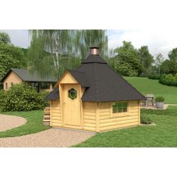 Small wooden grill hut with a conical roof and chimney, approximately 12.0 m² in size.