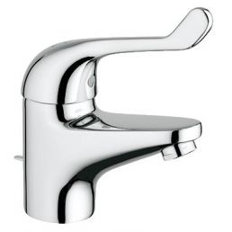 Chrome-finished single-lever basin mixer with a valve.