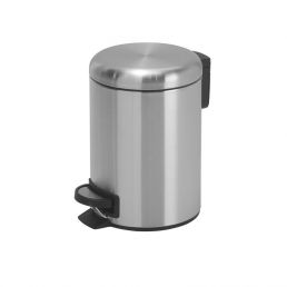 Pieni, pyöreä metalloitu poljinroskakori satiinipinnalla, musta jalkapoljin ja kansi, tilavuus 5 litraa.