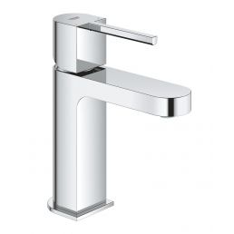 Modern chrome-finished Plus S basin mixer tap with a push-open system.