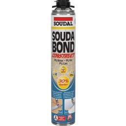 Harmaa Soudal Soudabond Construct 750ml PU-liiman aerosolipullo. Pakkauksessa mustaa tekstiä ja punaisia yksityiskohtia. Tarjoaa 30% nopeamman liimaamisen, sekoitusvapaan käytön ja soveltuu eri materiaaleille.