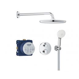Chrome built-in shower system with a round overhead shower, hand shower, control panel, and installation box.
