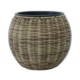 Växtkruka WICKER, diameter 26 cm, höjd 22 cm, ljusbrun flätad design med svart topp.