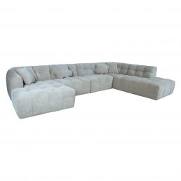 Beige U-shaped corner sofa featuring soft upholstery and multiple cushions.