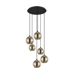 Eglo Lemorieta pendant light featuring a black ceiling mount and six spherical metal lamps.