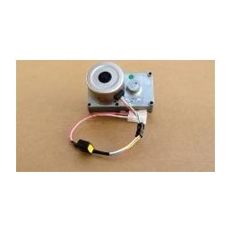 White pellet feed motor with a gray metal base and a black and yellow power cable.