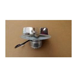 Silver-colored metal flue gas fan with a round, reflective top and a screw-mounted base.