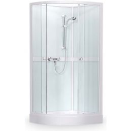White transparent shower cabin, dimensions 900x900 mm, height 2050 mm, radius 550 mm. Includes base, siphon, and mixer.