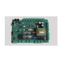 Green circuit board with various components, electronic connections, and a central processor.